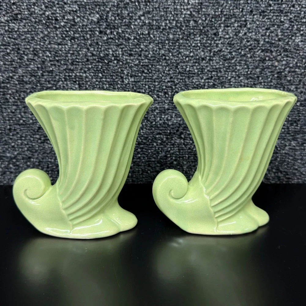 Vintage Green Ceramic Cornucopia Vase Set Mid Century Ribbed Scrolled Planter